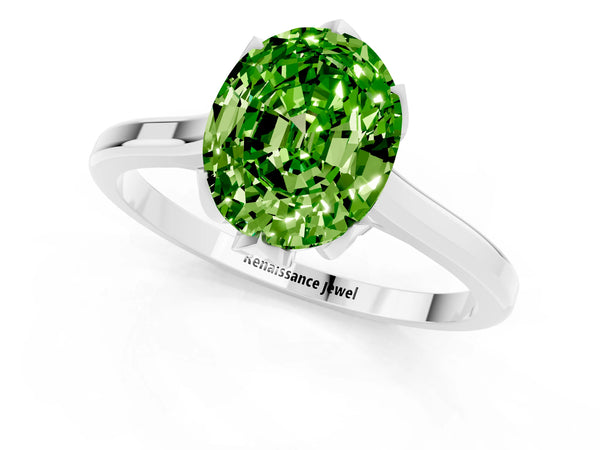 White gold Oval Cut Peridot Solitaire Ring with Flower Prong Setting and Classic Band
