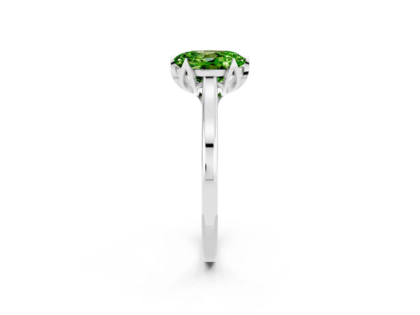 White gold Oval Cut Peridot Solitaire Ring with Flower Prong Setting and Classic Band