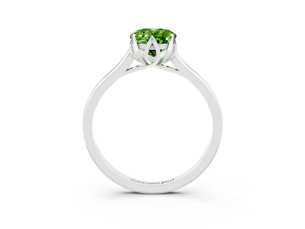 Platinum Oval Cut Peridot Solitaire Ring with Flower Prong Setting and Classic Band