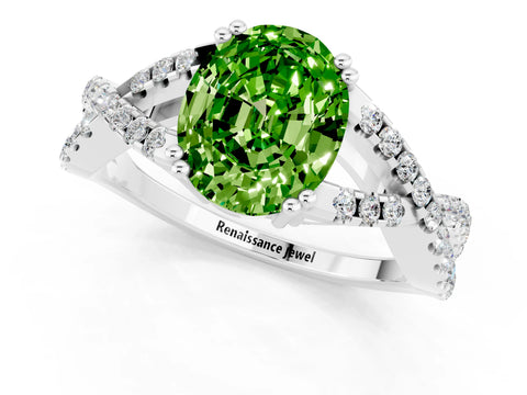 White gold Oval Cut Peridot Solitaire Ring with Four-Prong Setting and Twisted Pavé Band_1