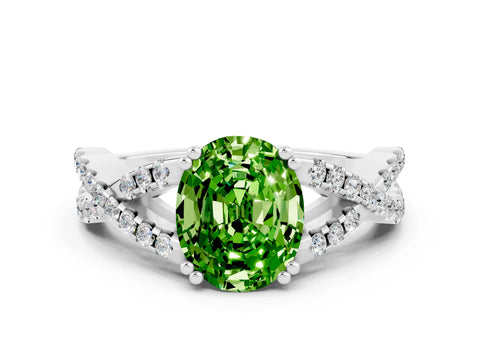White gold Oval Cut Peridot Solitaire Ring with Four-Prong Setting and Twisted Pavé Band