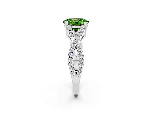 Silver Oval Cut Peridot Solitaire Ring with Four-Prong Setting and Twisted Pavé Band