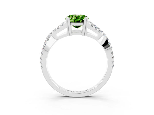 Platinum Oval Cut Peridot Solitaire Ring with Four-Prong Setting and Twisted Pavé Band