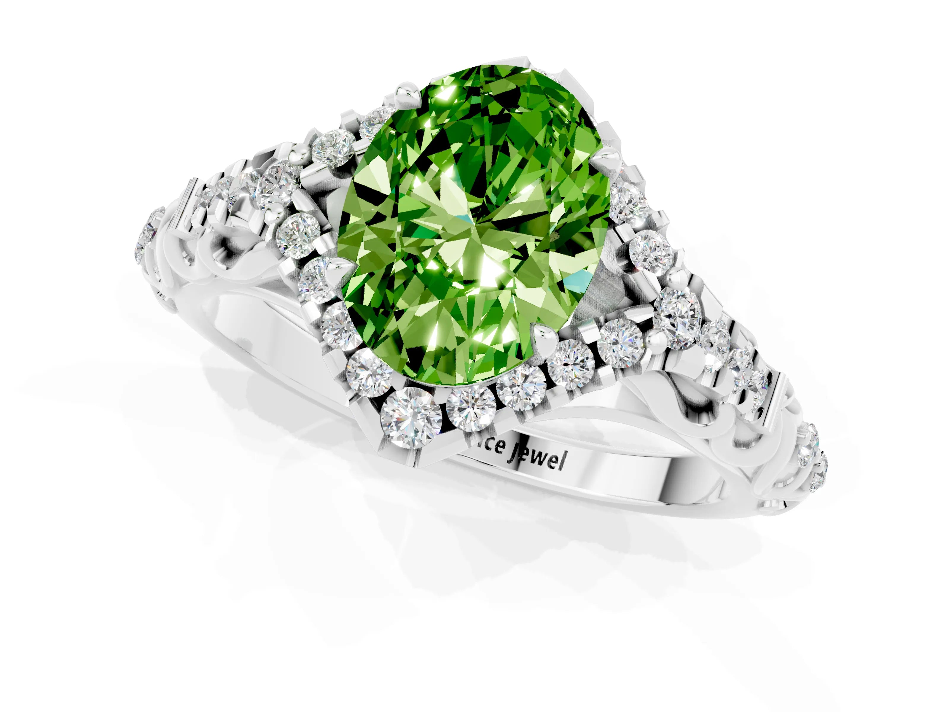 White gold Oval Cut Peridot Solitaire Ring with Hidden Halo and Pavé Band_35