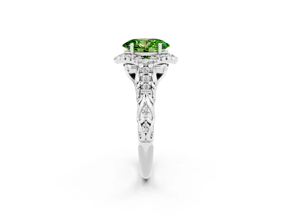 White gold Oval Cut Peridot Solitaire Ring with Hidden Halo and Pavé Band