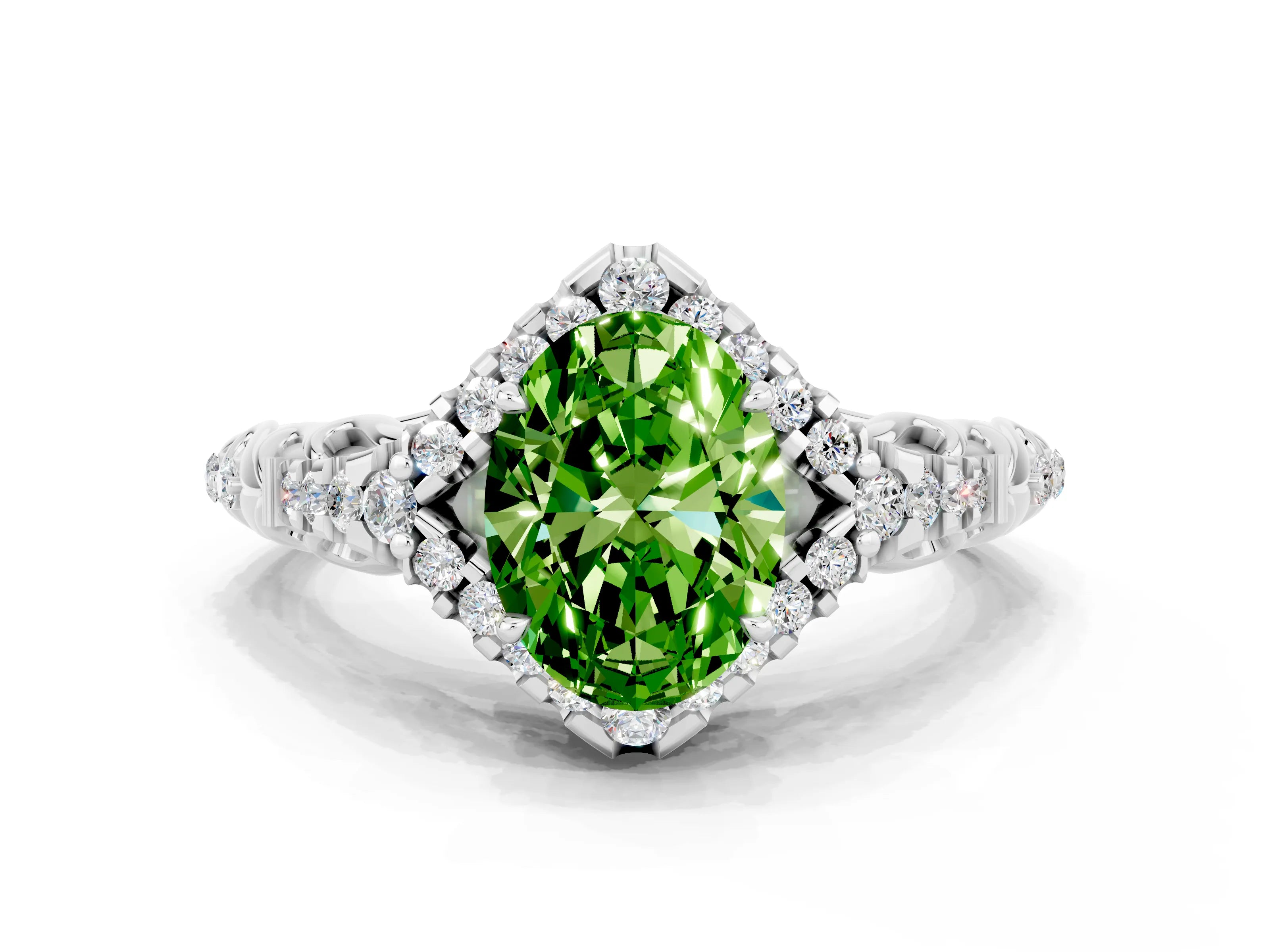 White gold Oval Cut Peridot Solitaire Ring with Hidden Halo and Pavé Band_36
