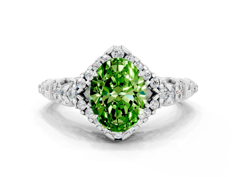 White gold Oval Cut Peridot Solitaire Ring with Hidden Halo and Pavé Band_36