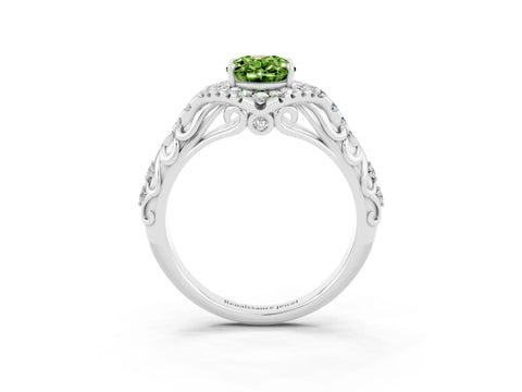 White gold Oval Cut Peridot Solitaire Ring with Hidden Halo and Pavé Band_37