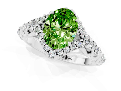 White gold Oval Cut Peridot Solitaire Ring with Hidden Halo and Pavé Band_37