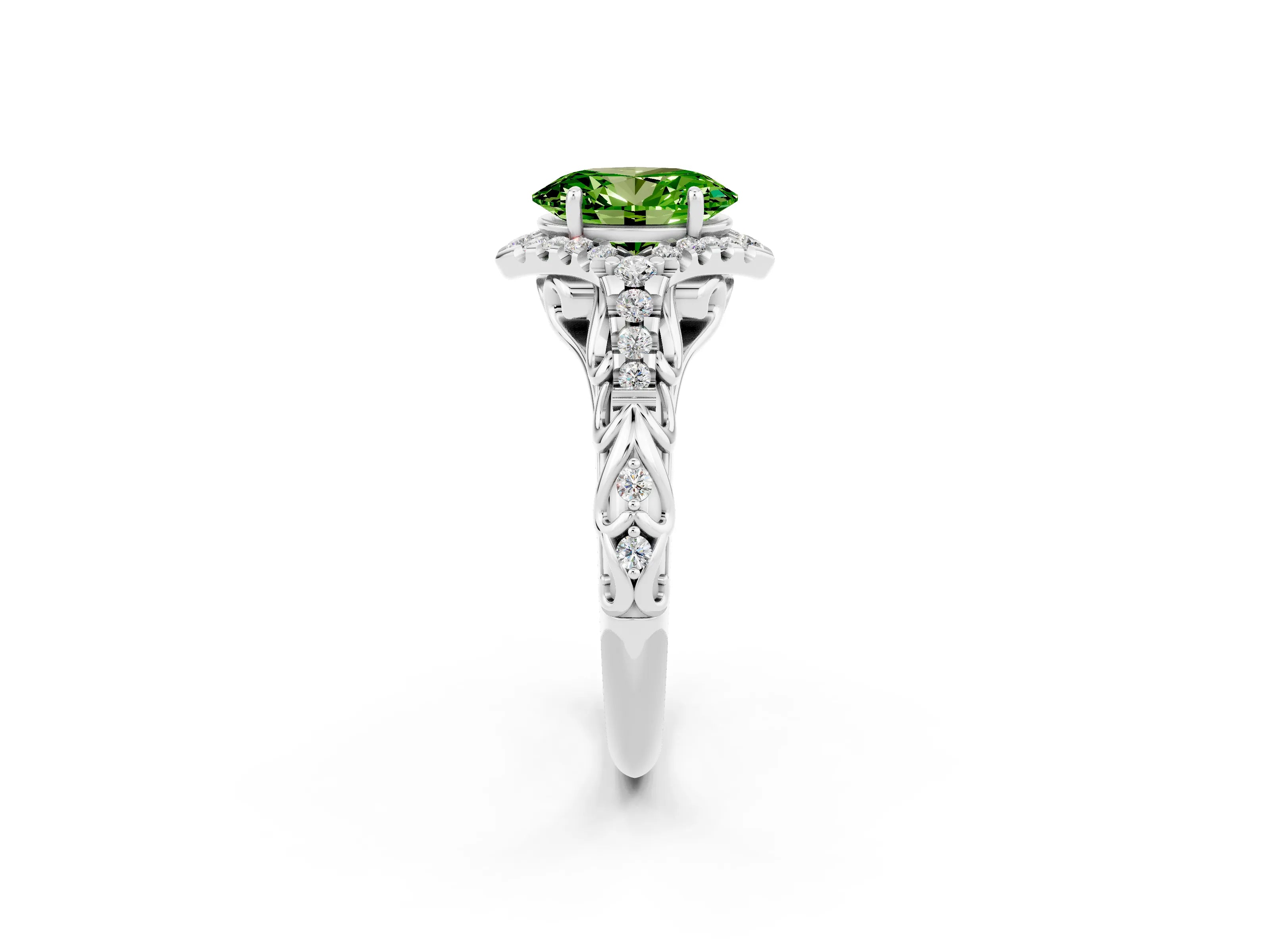 White gold Oval Cut Peridot Solitaire Ring with Hidden Halo and Pavé Band_38