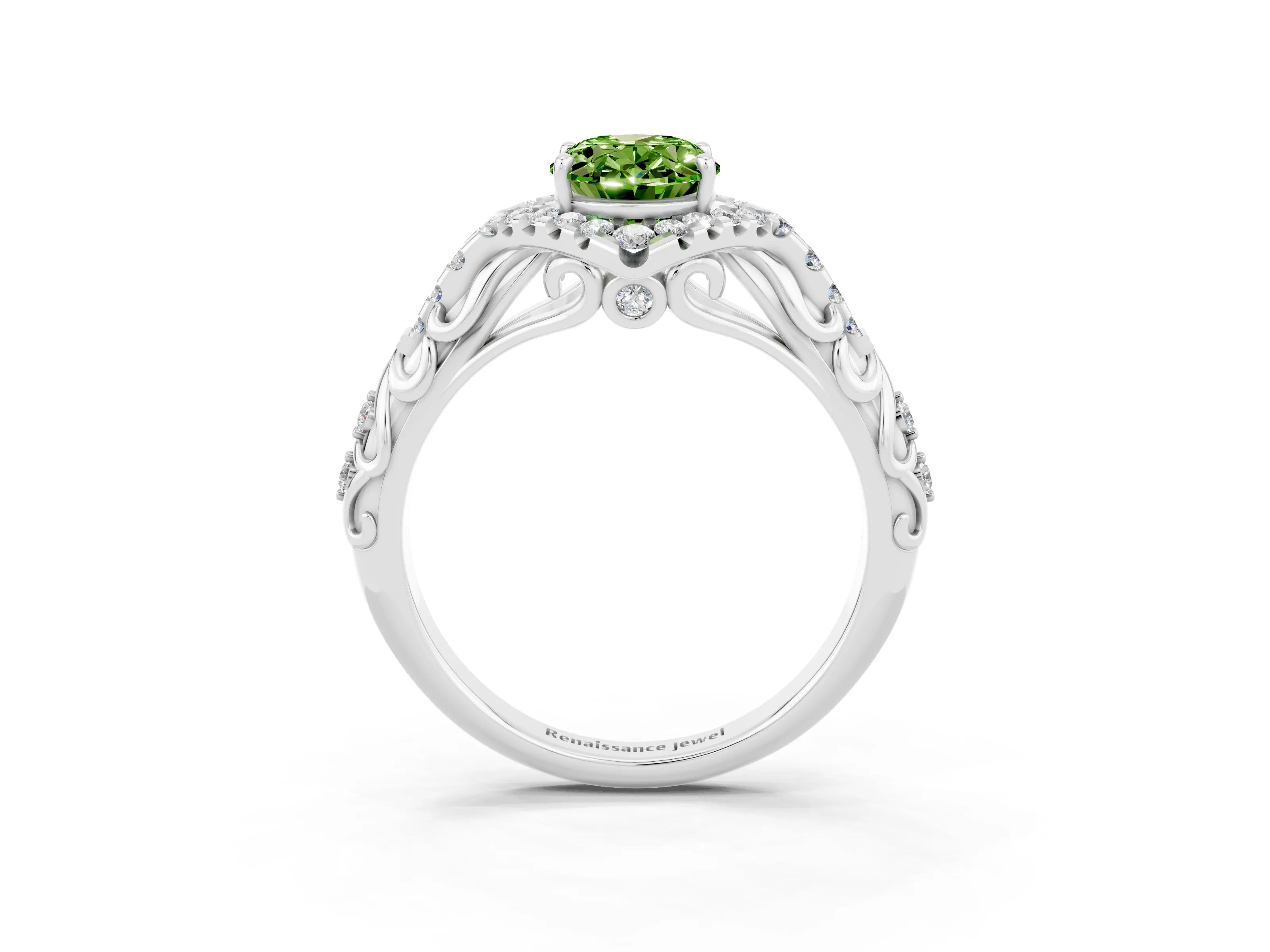 White gold Oval Cut Peridot Solitaire Ring with Hidden Halo and Pavé Band_39