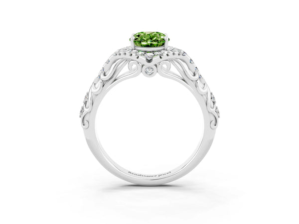 Silver Oval Cut Peridot Solitaire Ring with Hidden Halo and Pavé Band