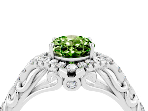 White gold Oval Cut Peridot Solitaire Ring with Hidden Halo and Pavé Band_40