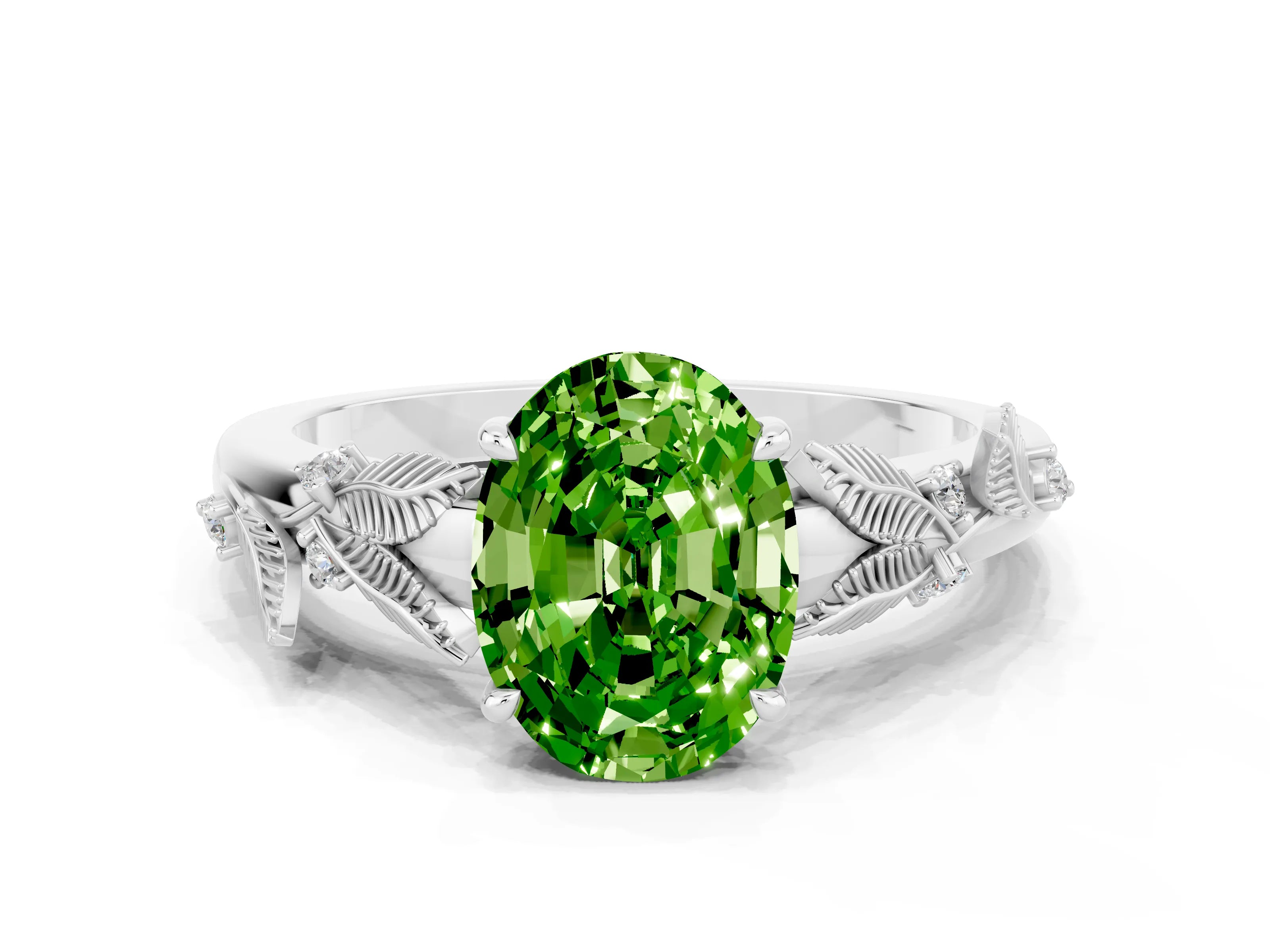 White gold Oval Cut Peridot Solitaire Ring with Leaf Motif Band and Four-Prong Setting_12