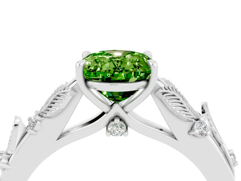 White gold Oval Cut Peridot Solitaire Ring with Leaf Motif Band and Four-Prong Setting_16