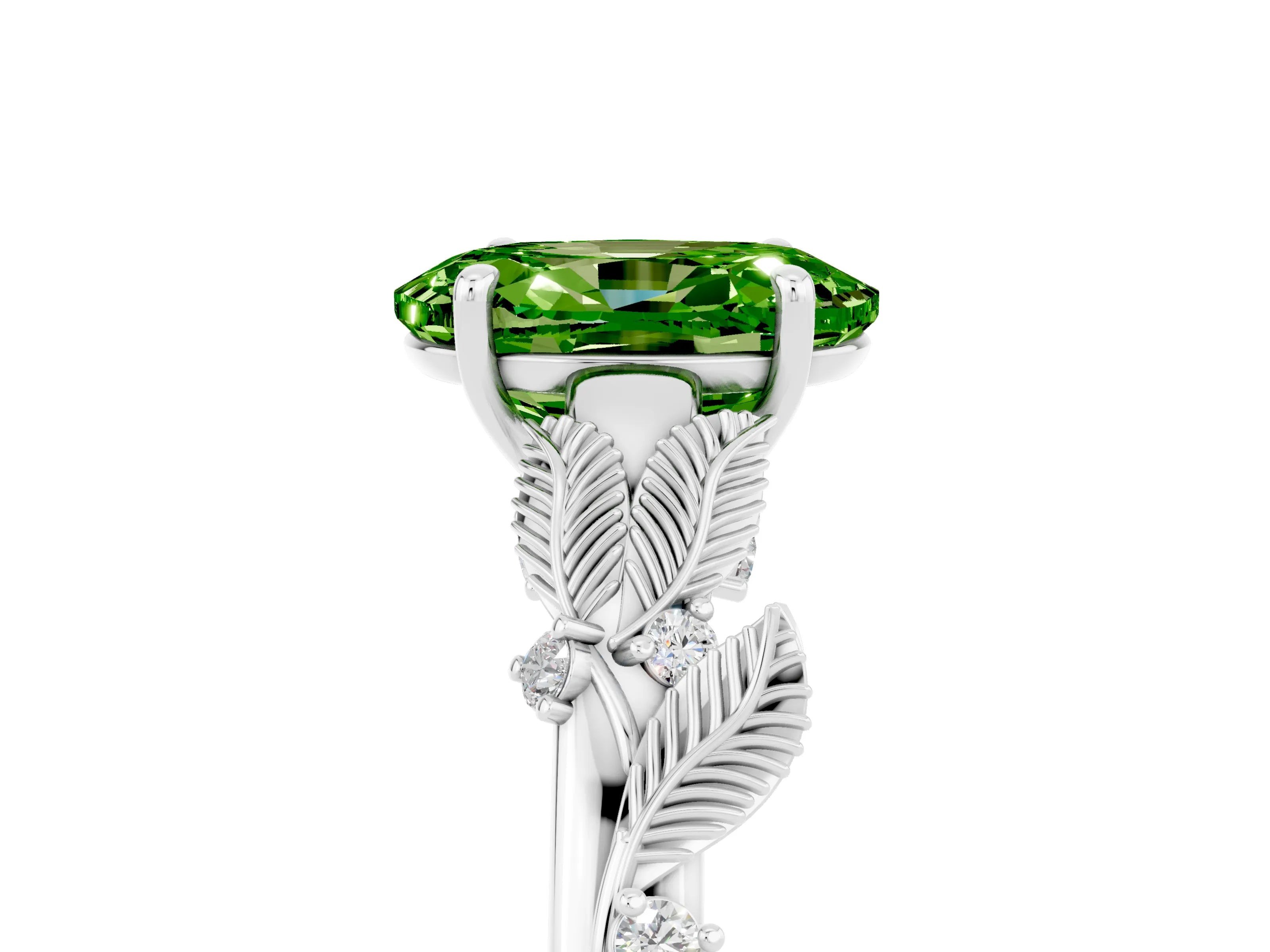 White gold Oval Cut Peridot Solitaire Ring with Leaf Motif Band and Four-Prong Setting_17