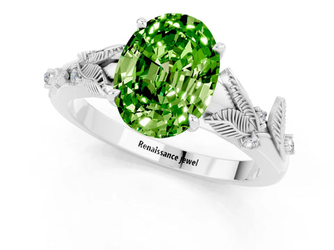 White gold Oval Cut Peridot Solitaire Ring with Leaf Motif Band and Four-Prong Setting_1