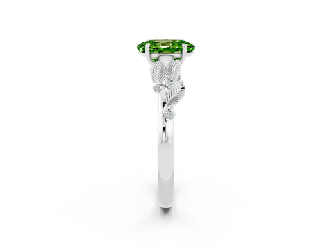 White gold Oval Cut Peridot Solitaire Ring with Leaf Motif Band and Four-Prong Setting_2