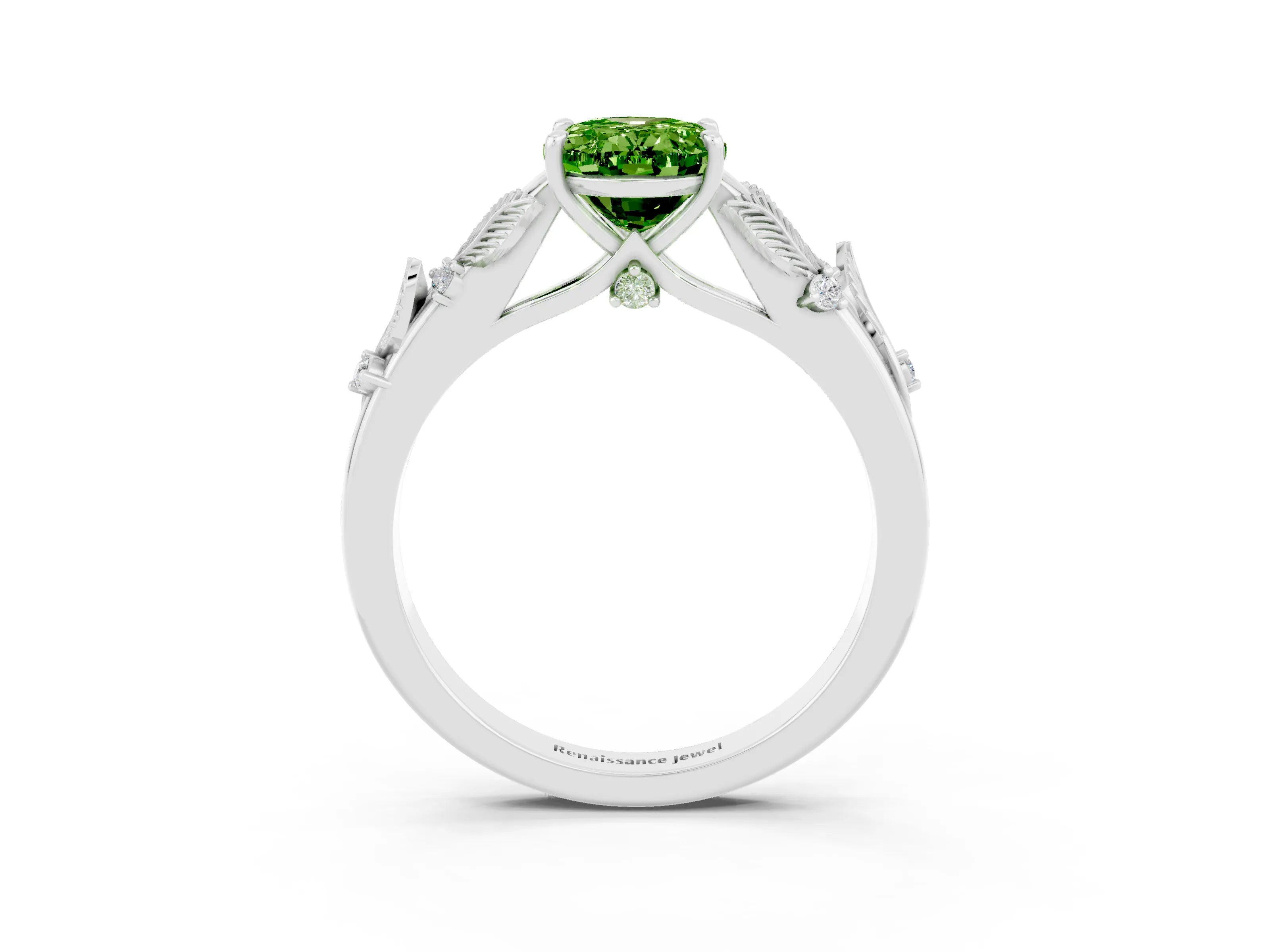 White gold Oval Cut Peridot Solitaire Ring with Leaf Motif Band and Four-Prong Setting_3