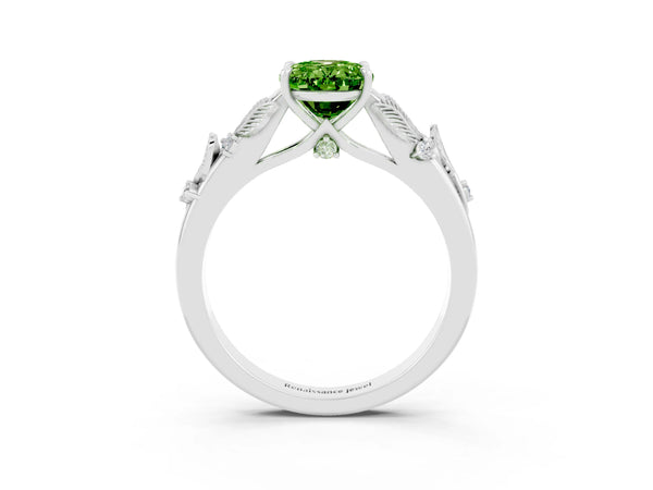 Silver Oval Cut Peridot Solitaire Ring with Leaf Motif Band and Four-Prong Setting