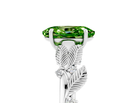 White gold Oval Cut Peridot Solitaire Ring with Leaf Motif Band and Four-Prong Setting_5