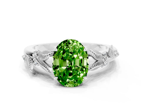 White gold Oval Cut Peridot Solitaire Ring with Leaf Motif Band and Four-Prong Setting