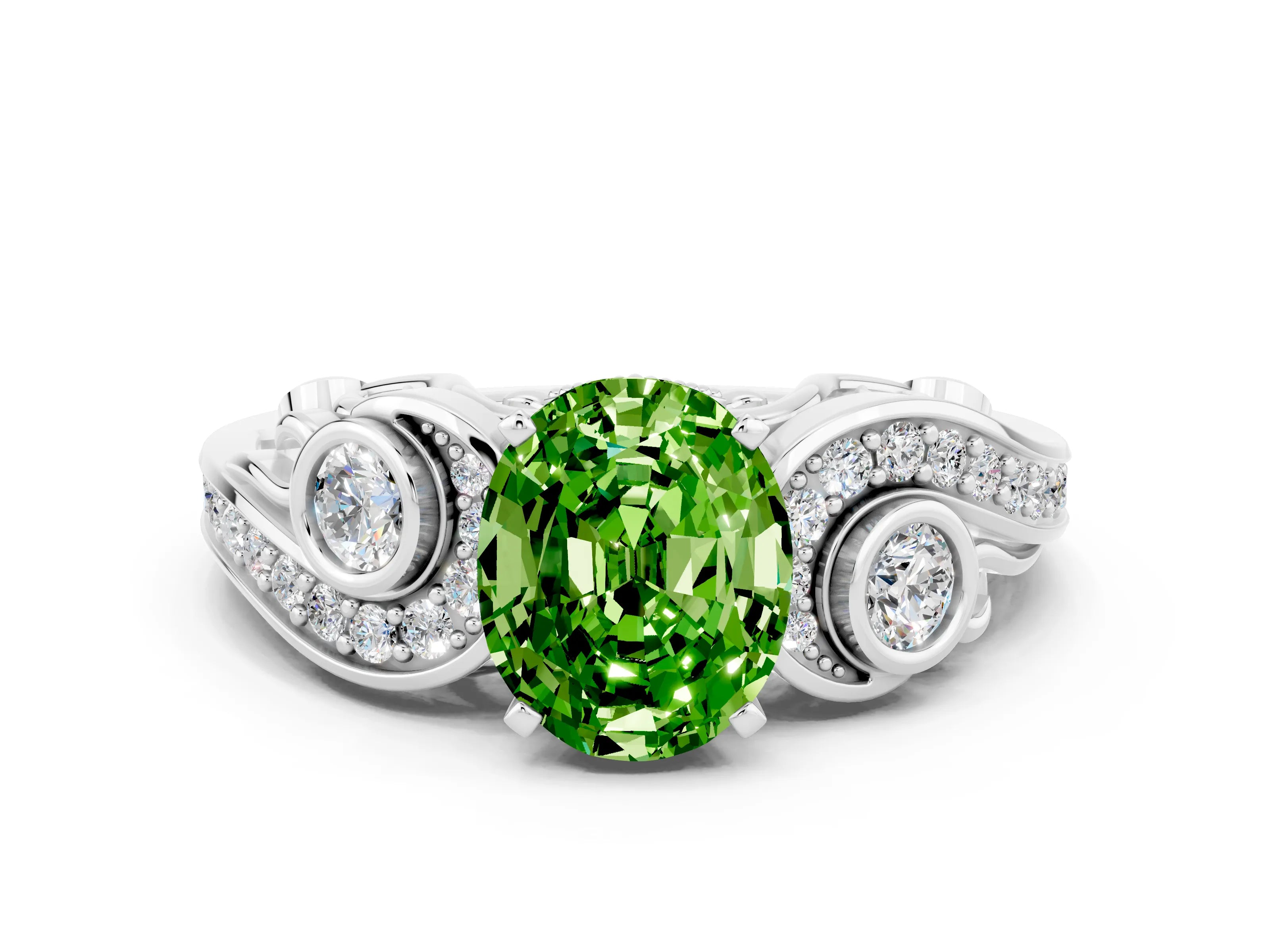 White gold Oval Cut Peridot Solitaire Ring with Milgrain Pavé Band and Four-Prong Setting_12