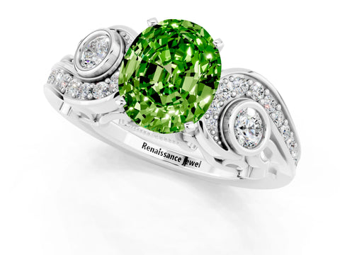 White gold Oval Cut Peridot Solitaire Ring with Milgrain Pavé Band and Four-Prong Setting_13