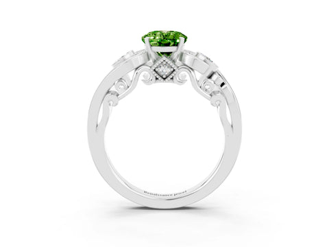 White gold Oval Cut Peridot Solitaire Ring with Milgrain Pavé Band and Four-Prong Setting_15