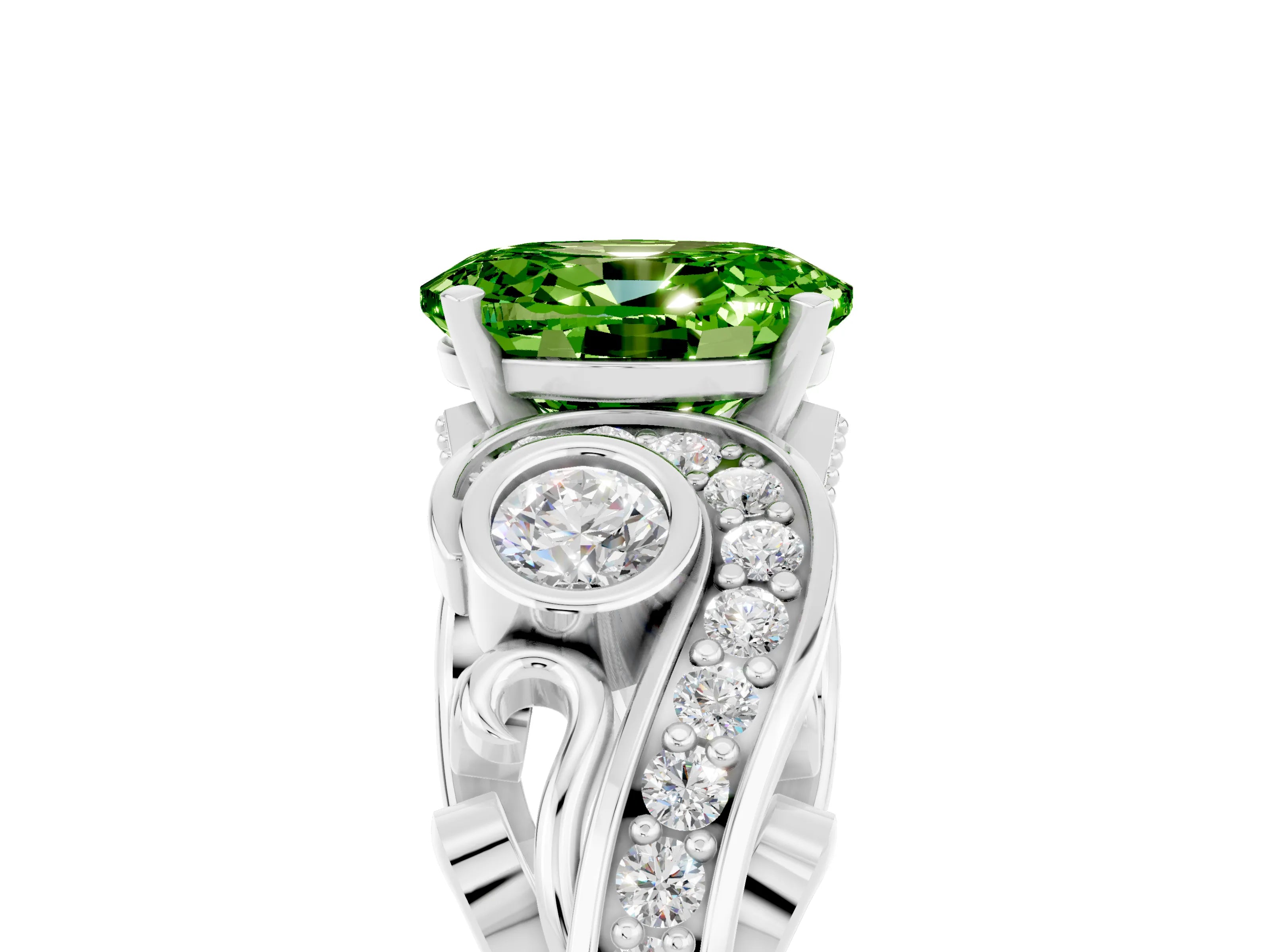 White gold Oval Cut Peridot Solitaire Ring with Milgrain Pavé Band and Four-Prong Setting_17