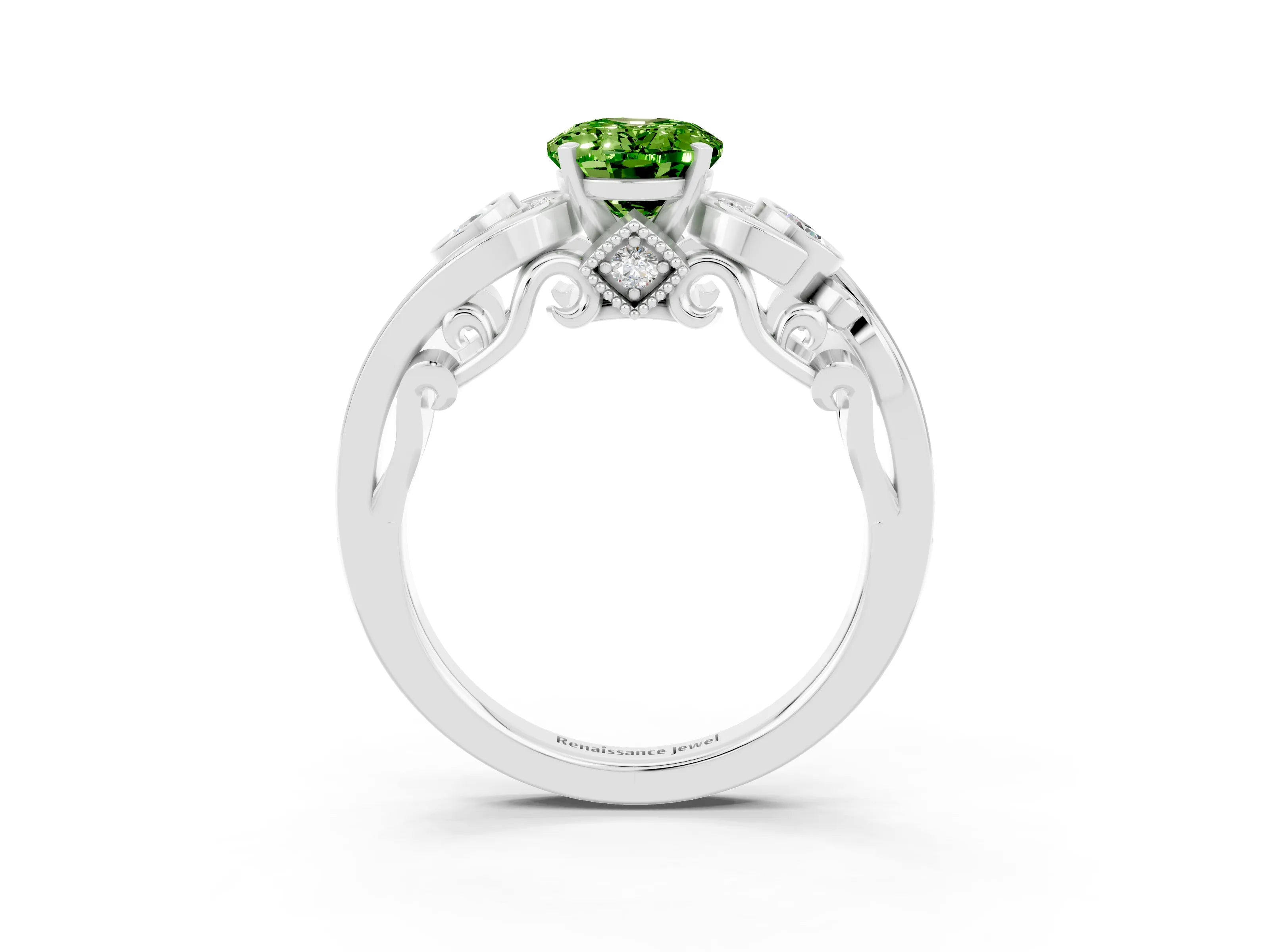 White gold Oval Cut Peridot Solitaire Ring with Milgrain Pavé Band and Four-Prong Setting_51