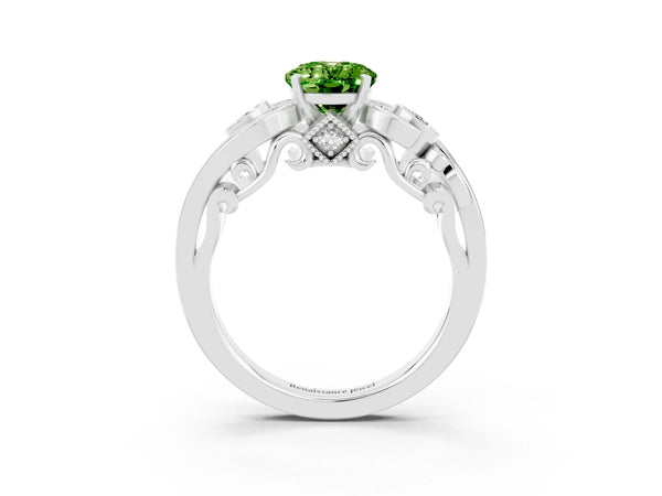 White gold Oval Cut Peridot Solitaire Ring with Milgrain Pavé Band and Four-Prong Setting