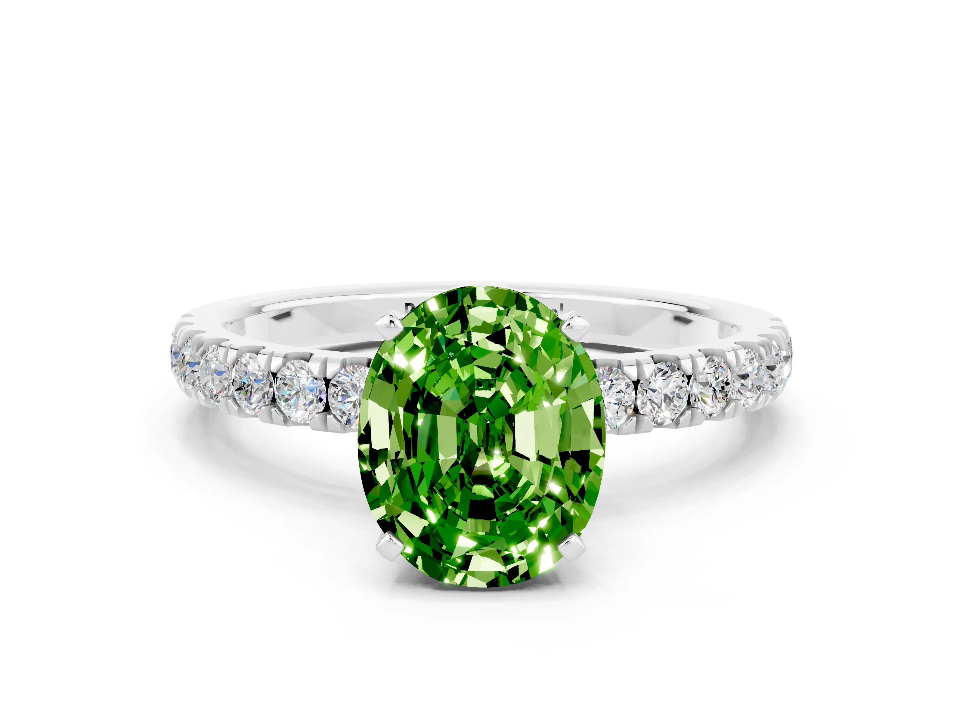 White gold Oval Cut Peridot Solitaire Ring with Pavé Accents and Four-Prong Setting