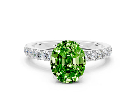 White gold Oval Cut Peridot Solitaire Ring with Pavé Accents and Four-Prong Setting