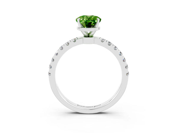 White gold Oval Cut Peridot Solitaire Ring with Pavé Accents and Four-Prong Setting