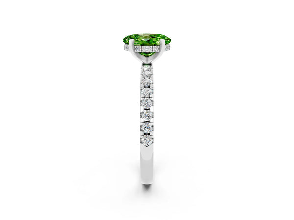 Platinum Oval Cut Peridot Solitaire Ring with Round  Pavé Band and Four-Prong Setting