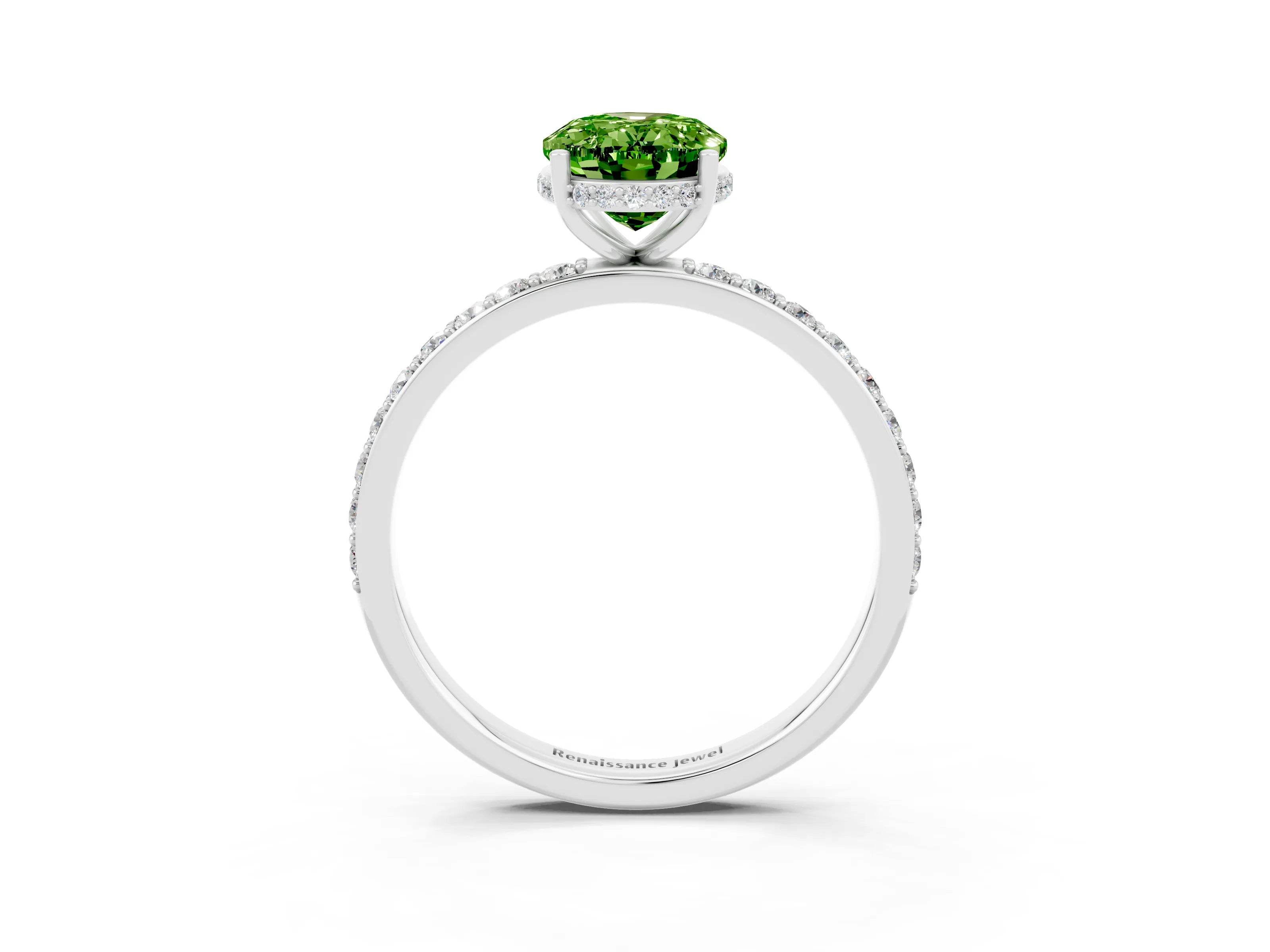 White gold Oval Cut Peridot Solitaire Ring with Pavé Band and Hidden Halo_15