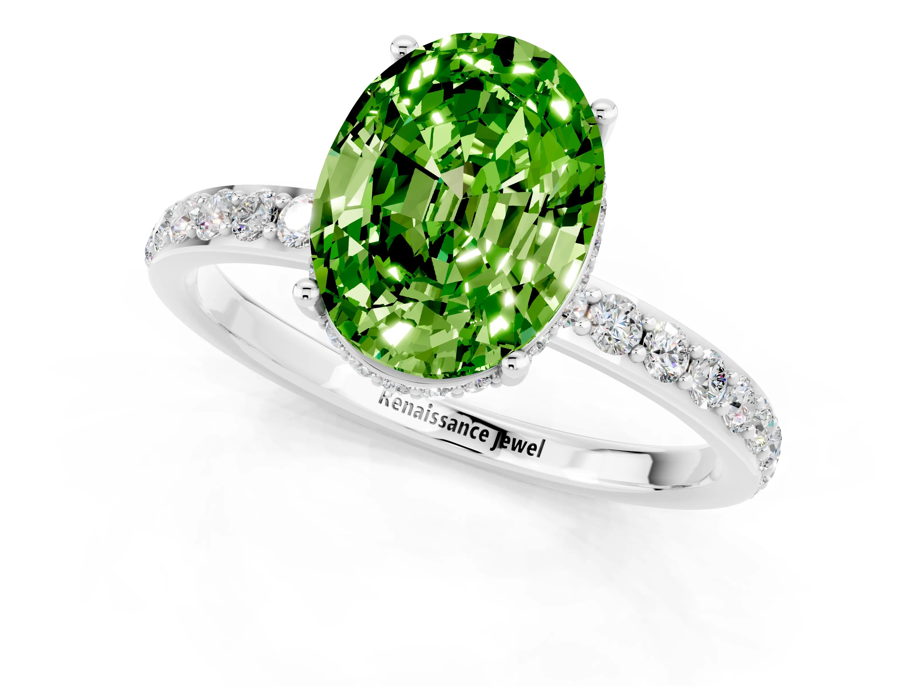 White gold Oval Cut Peridot Solitaire Ring with Pavé Band and Hidden Halo_1