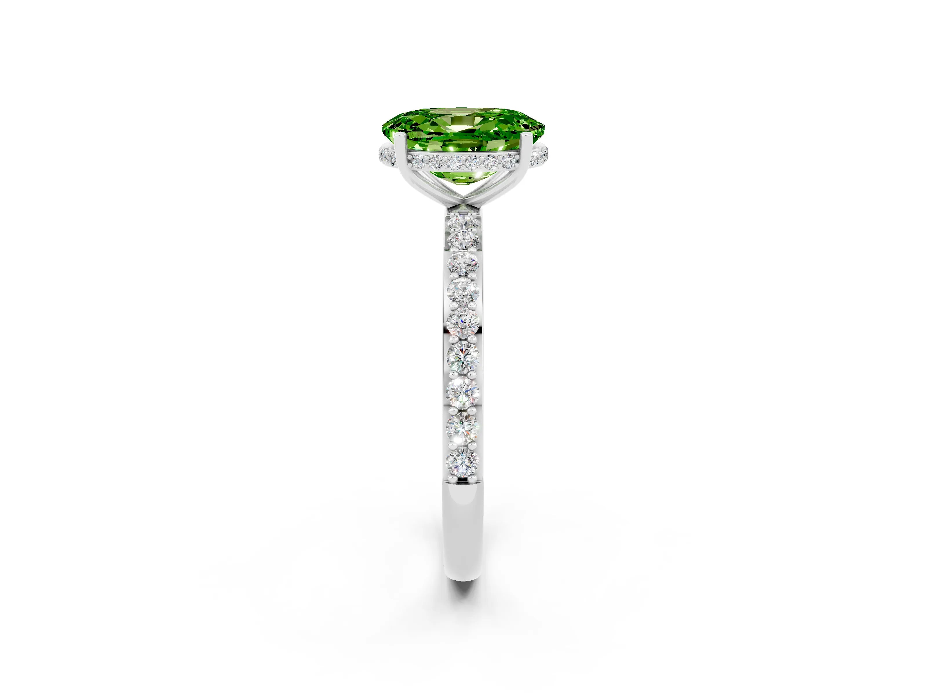 White gold Oval Cut Peridot Solitaire Ring with Pavé Band and Hidden Halo_2