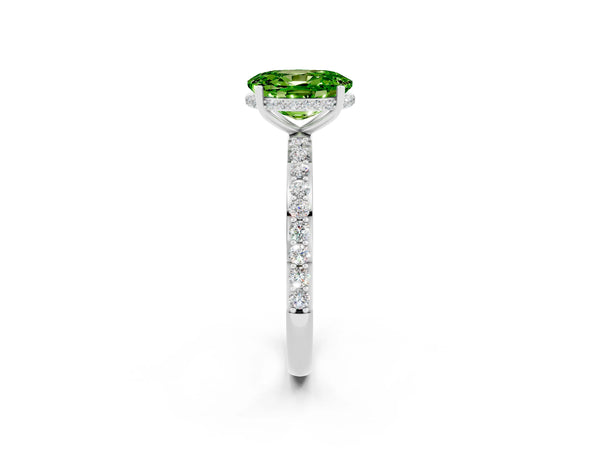 Platinum Oval Cut Peridot Solitaire Ring with Pavé Band and Hidden Halo