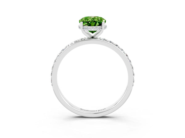 Platinum Oval Cut Peridot Solitaire Ring with Pavé Band and Hidden Halo