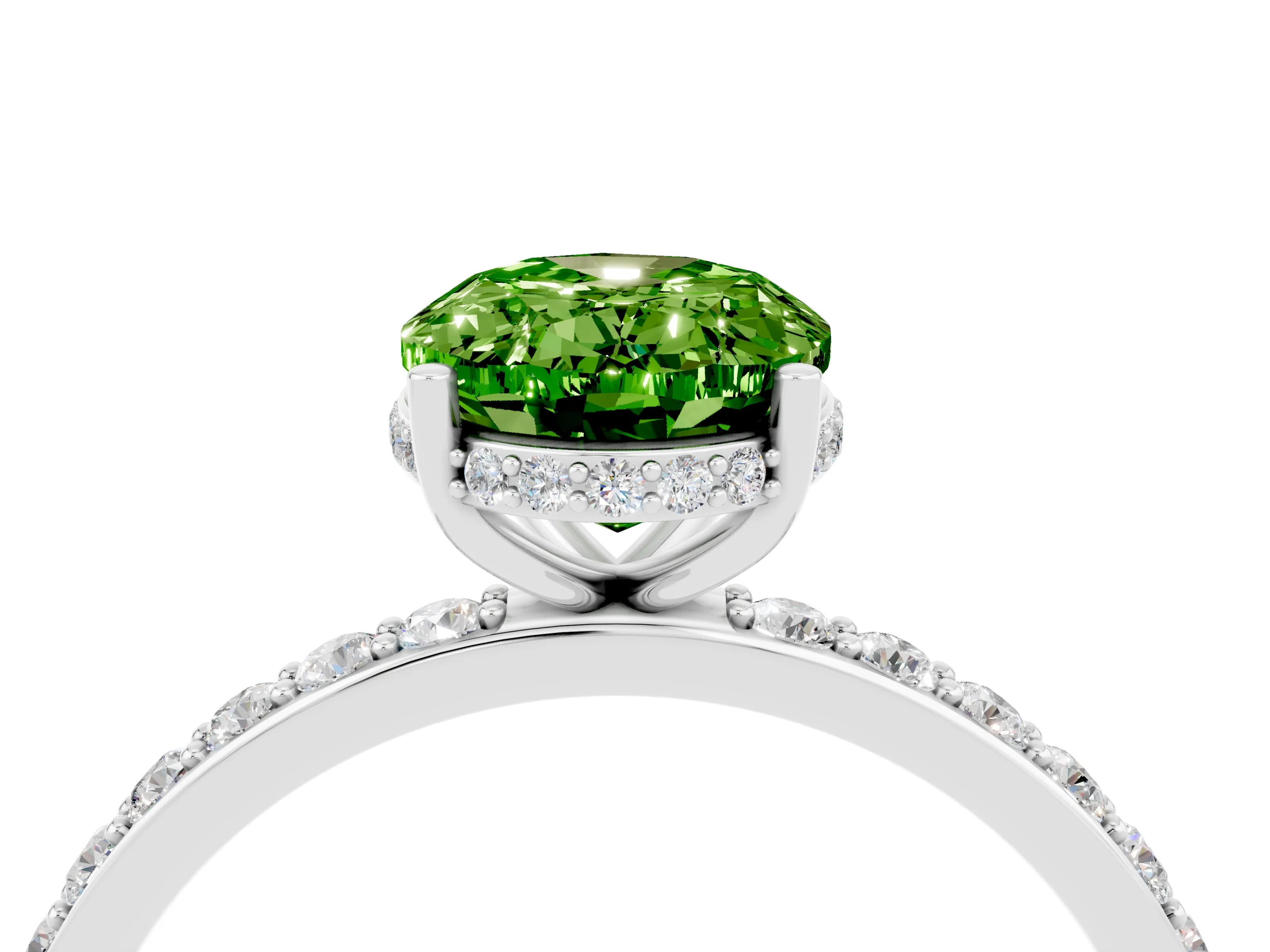 White gold Oval Cut Peridot Solitaire Ring with Pavé Band and Hidden Halo_4