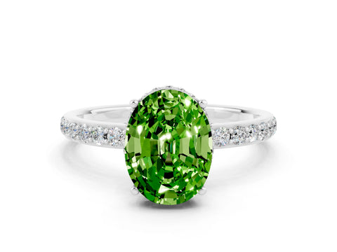 White gold Oval Cut Peridot Solitaire Ring with Pavé Band and Hidden Halo