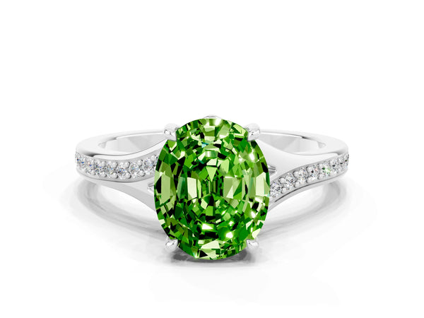 Platinum Oval Cut Peridot Solitaire Ring with Pavé Band and Prong Setting
