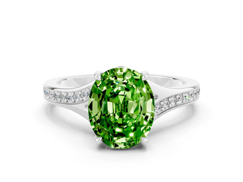 White gold Oval Cut Peridot Solitaire Ring with Pavé Band and Prong Setting_12