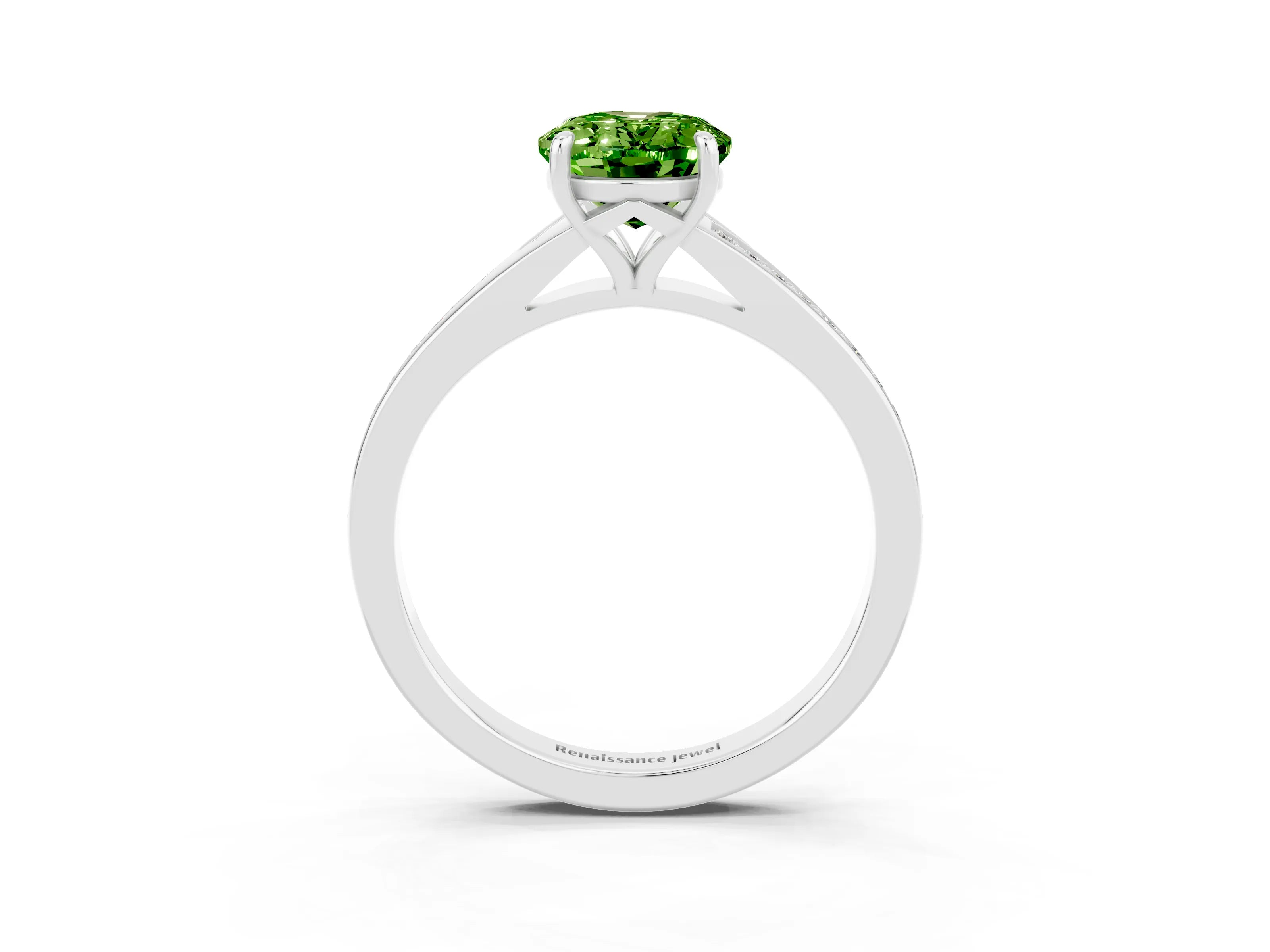 White gold Oval Cut Peridot Solitaire Ring with Pavé Band and Prong Setting_15