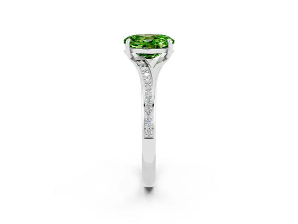 Platinum Oval Cut Peridot Solitaire Ring with Pavé Band and Prong Setting