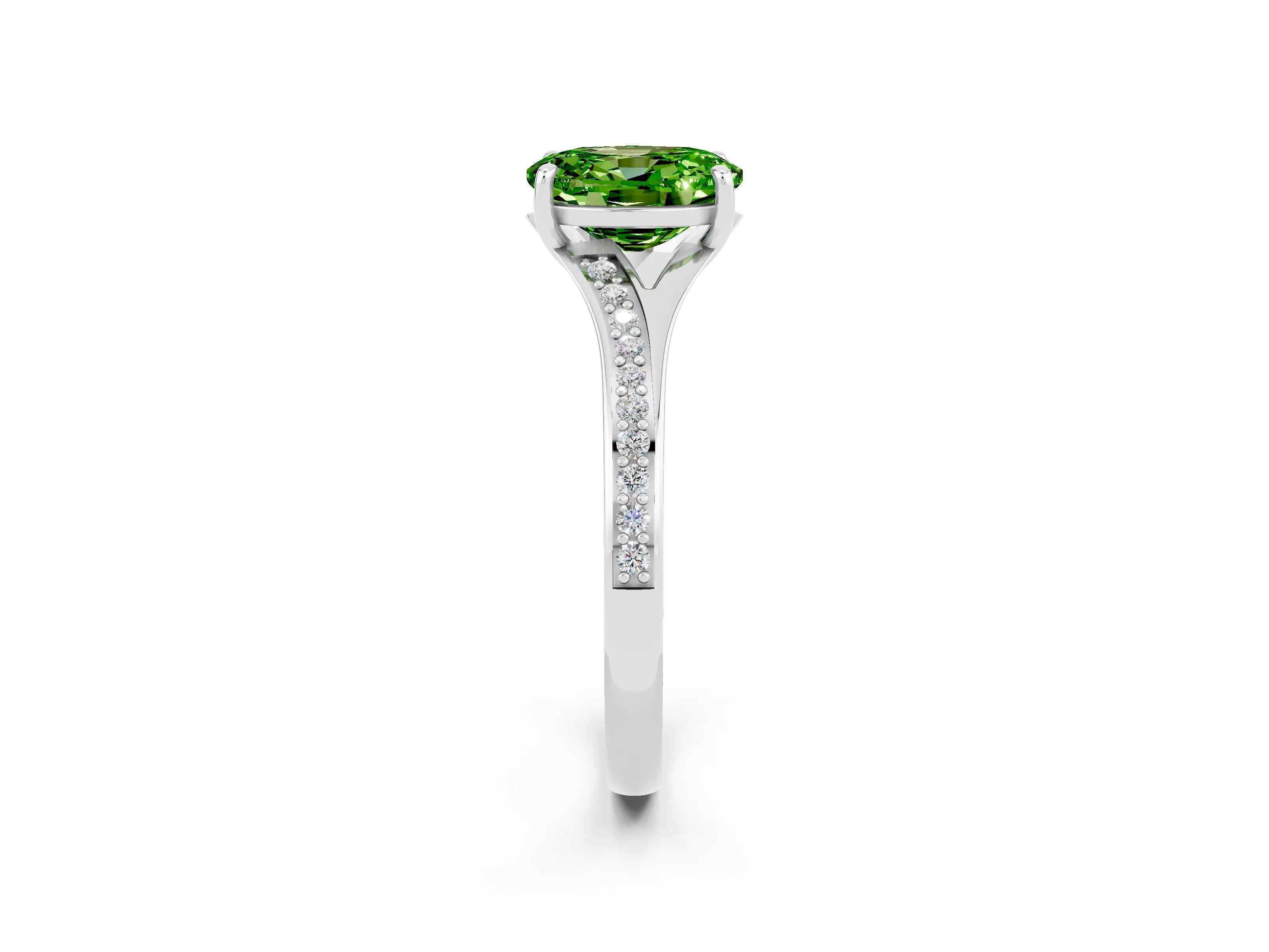 White gold Oval Cut Peridot Solitaire Ring with Pavé Band and Prong Setting_2