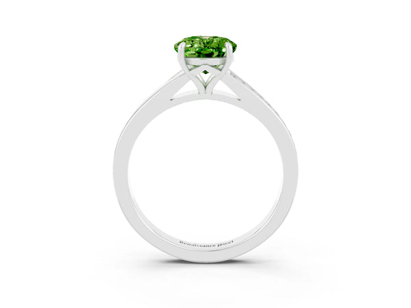 Platinum Oval Cut Peridot Solitaire Ring with Pavé Band and Prong Setting