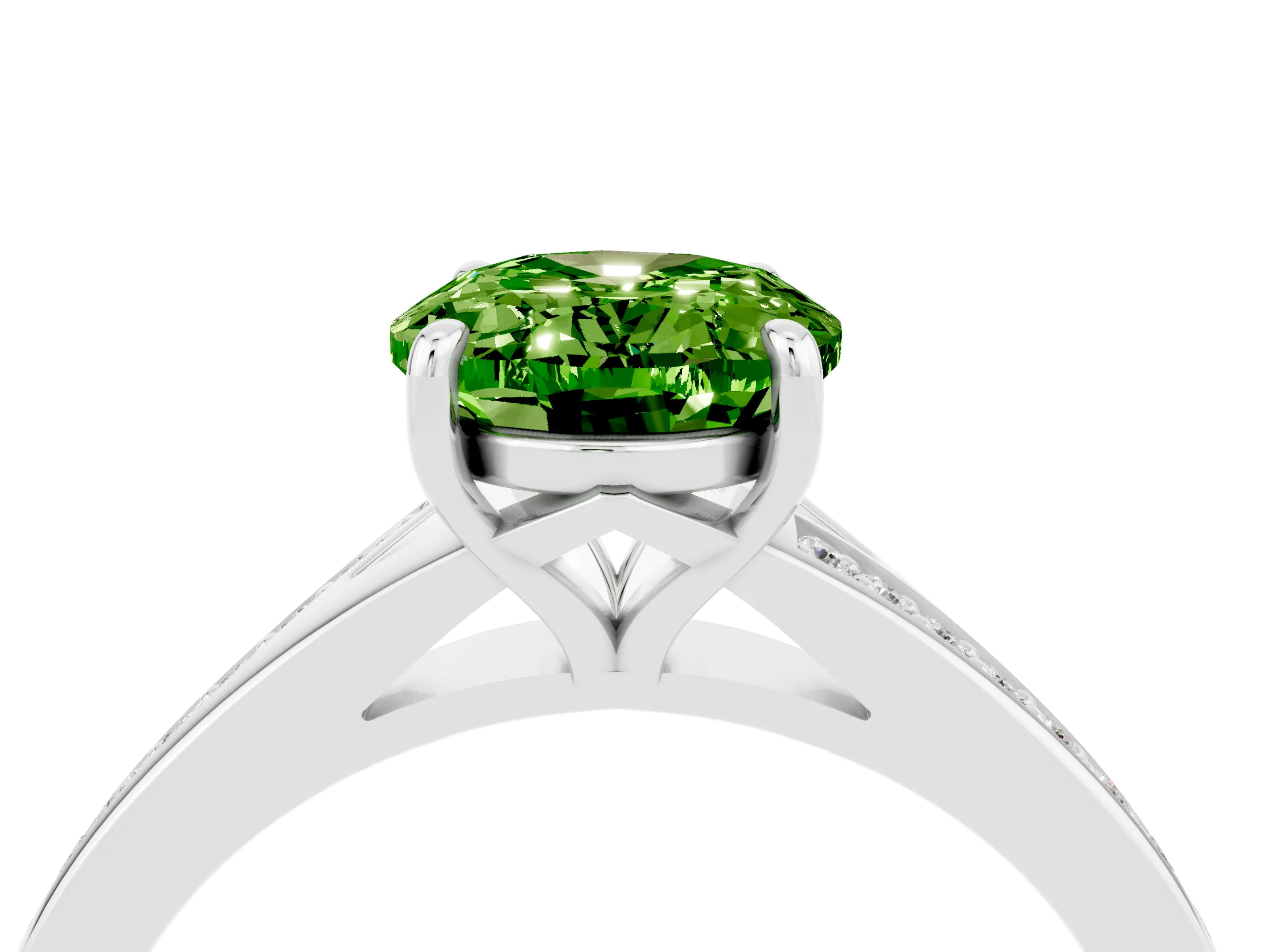 White gold Oval Cut Peridot Solitaire Ring with Pavé Band and Prong Setting_4